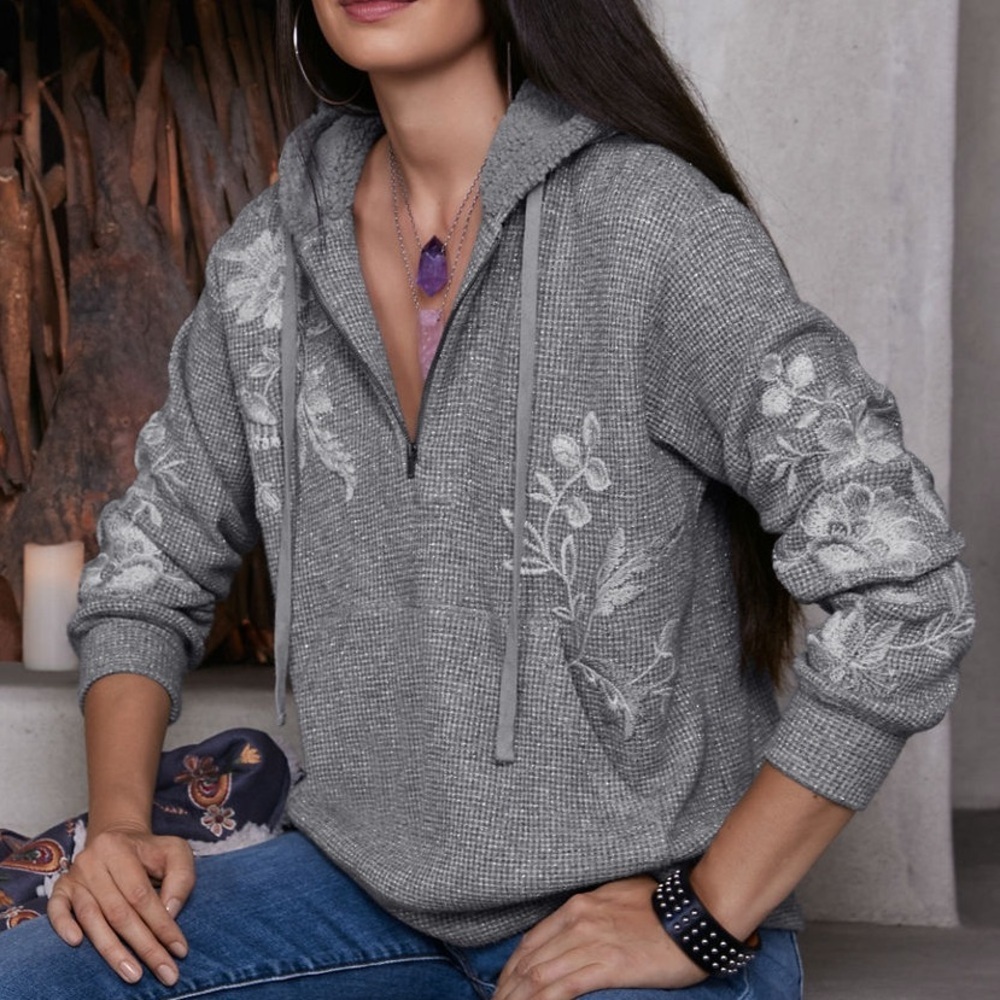 Johnny Was Junie Metallic Thermal Floral Embroidered Quarter Zip Hoodie Small